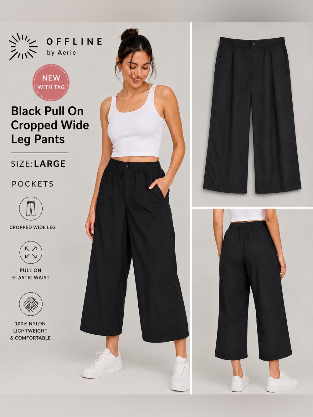 OFFLINE by Aerie Black Pull-On Cropped Wide Leg Nylon Pants L